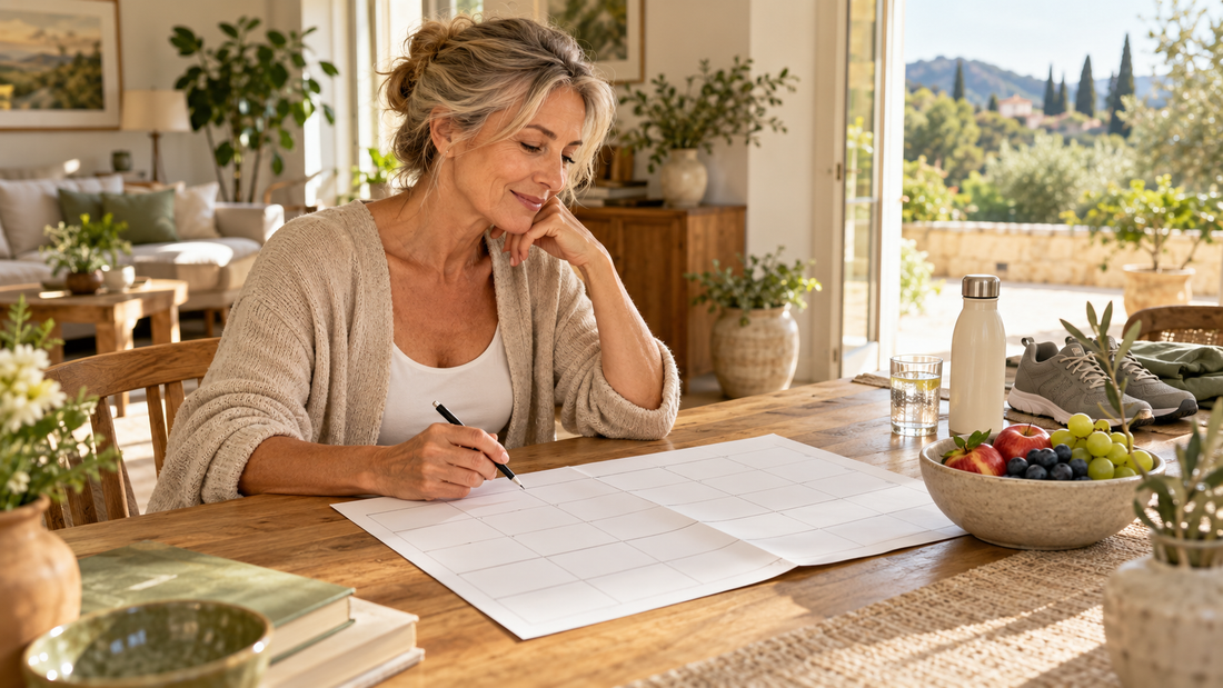 Femme planifiant une routine durable sur un calendrier annuel