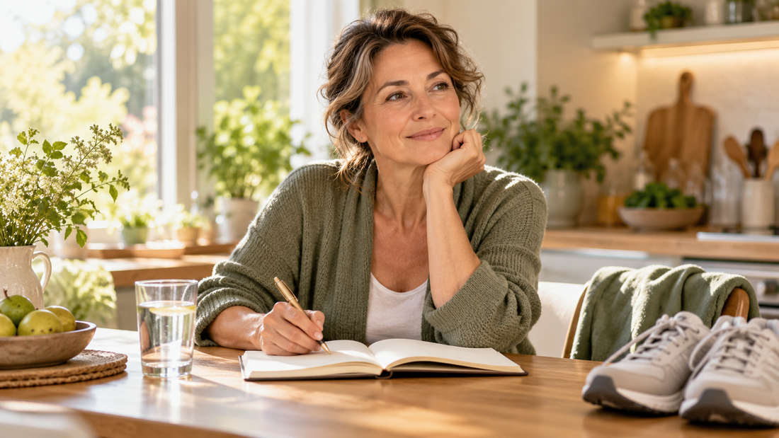 Woman in midlife planning personal wellbeing goals in a notebook
