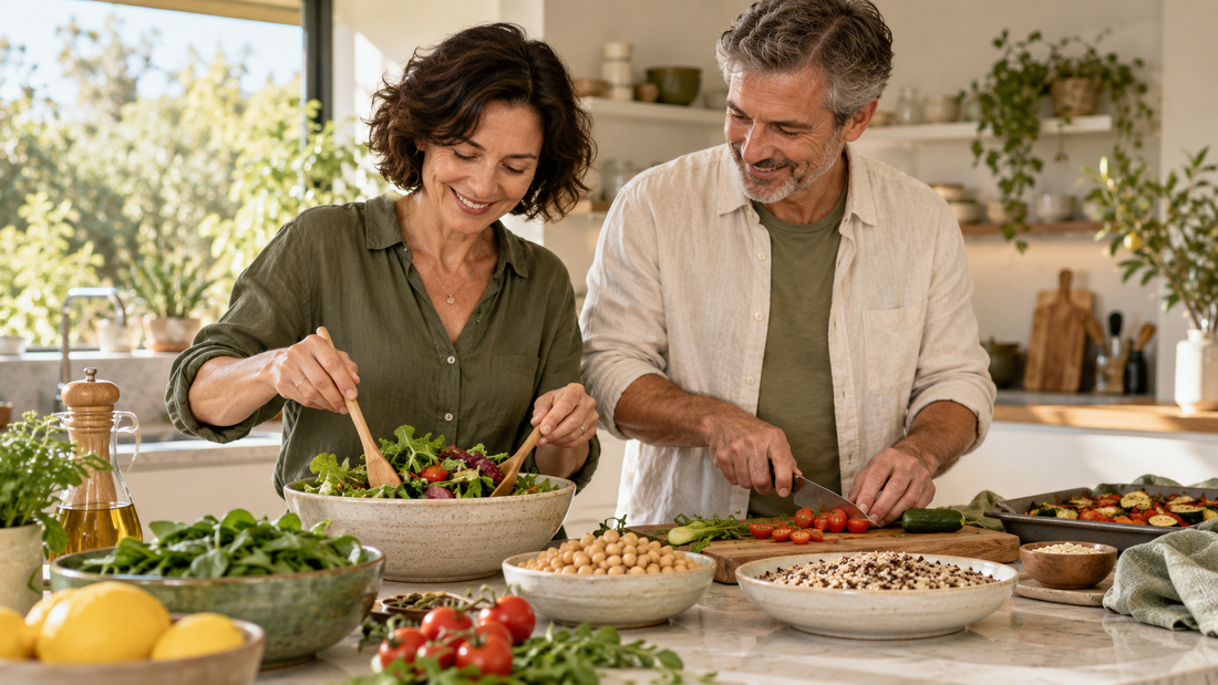 Mature couple preparing a balanced meal together