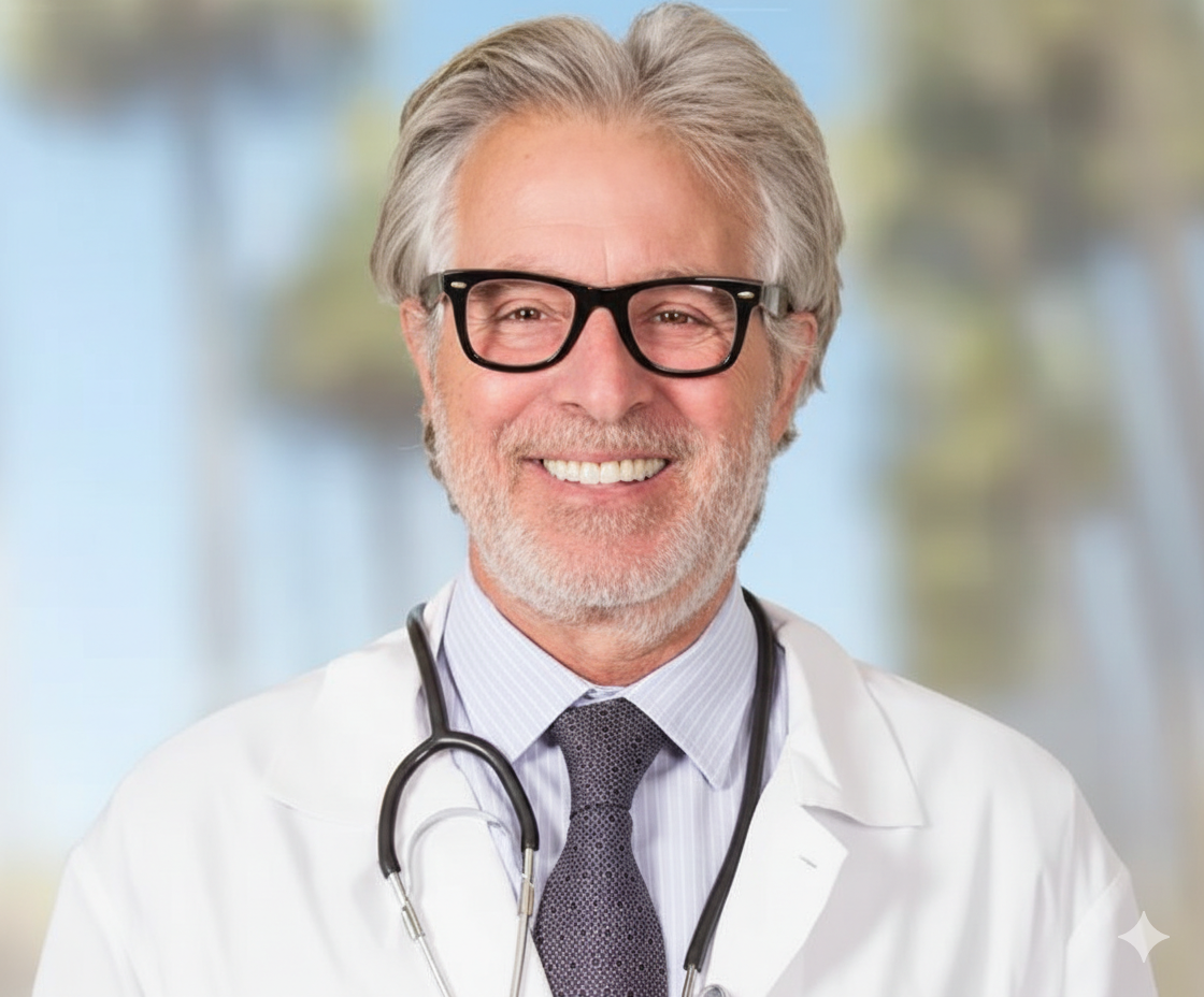 Doctor wearing a white coat with a stethoscope, smiling against a blurred outdoor background