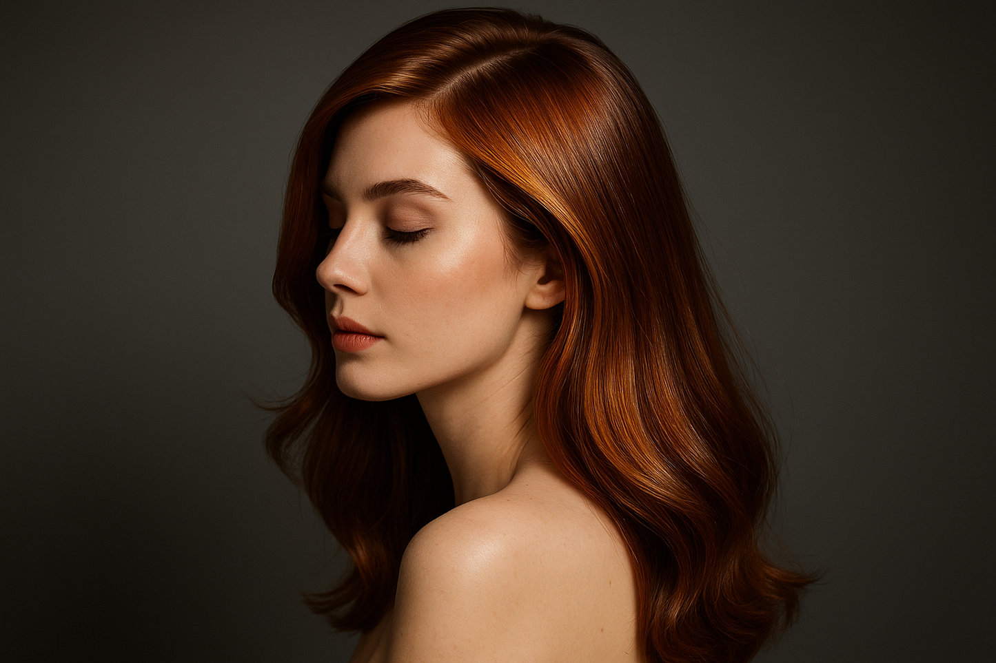 beautiful hair of a young woman auburn coloured with golden highlights with bare shoulders on a grey background with spot lighting her face tilted away to show the sheen of her hair